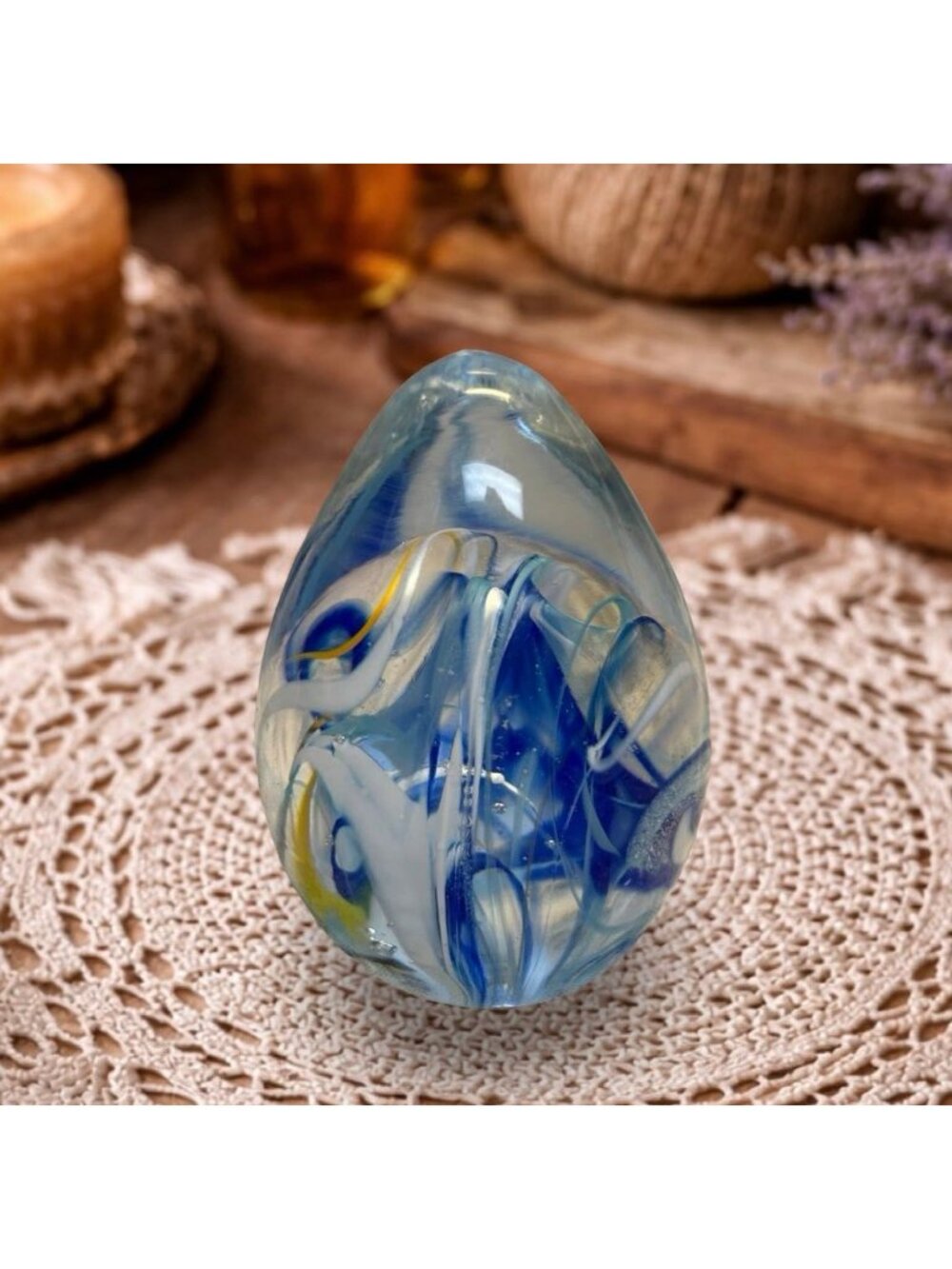 Wheaton Arts Village Egg Paperweight Blue White Ribbon Swirl - Picture 5 of 6